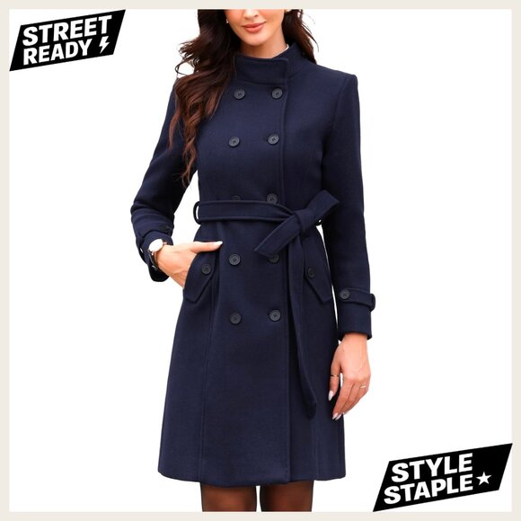 Long Winter Pea Coat Double Breasted Trench with Belt Classic Fit